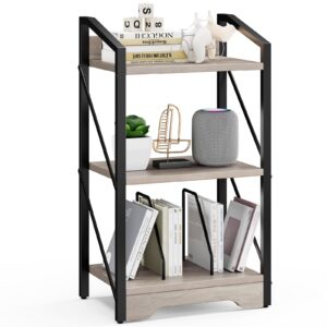 vagusicc bookshelf, 3 tier industrial bookcase, metal small bookcase, rustic etagere book shelf storage organizer for living room, bedroom, home office, small bookshelf for small spaces (greige)