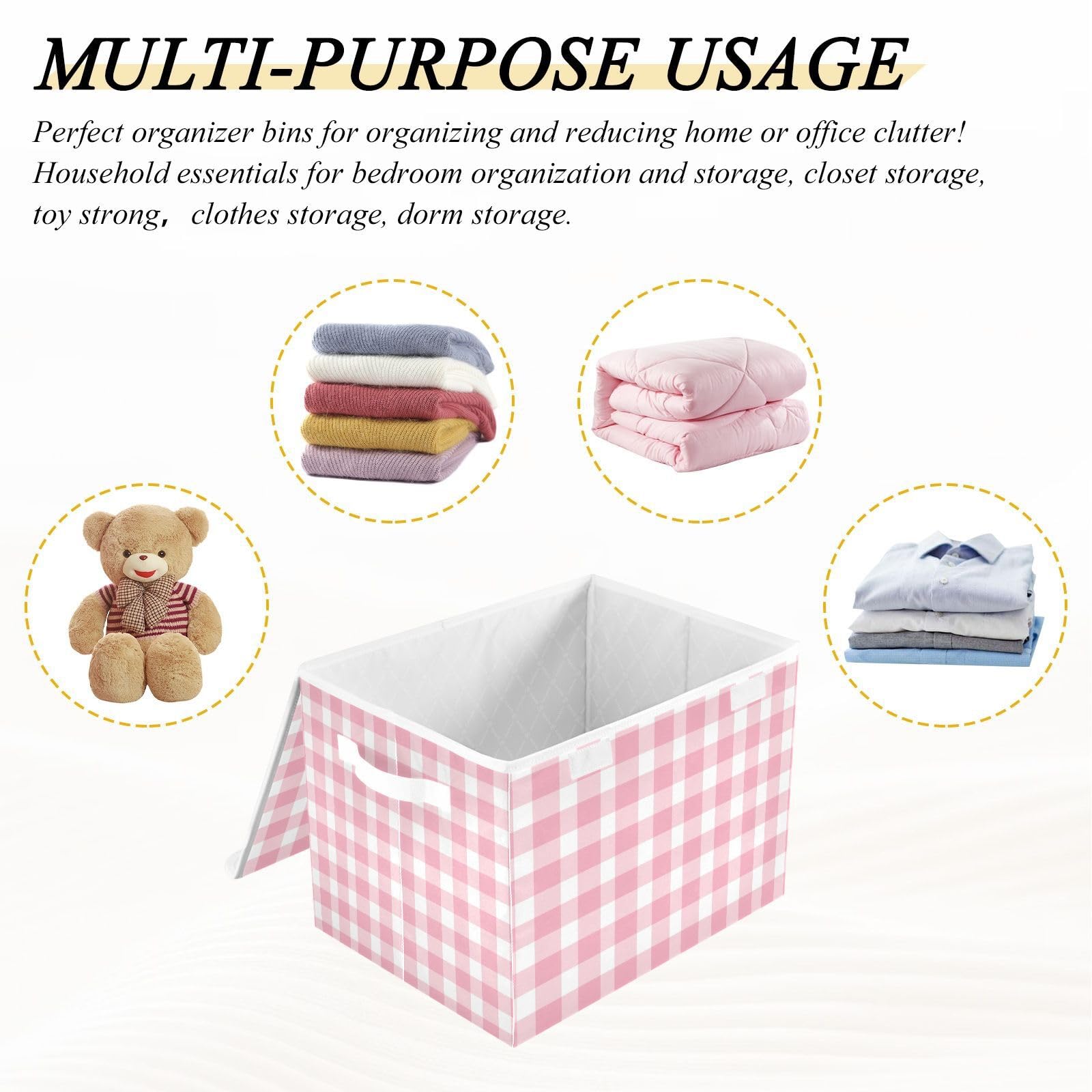 Moudou Pink Buffalo Plaid Storage Bin with Lid, Large Collapsible Cube Storage Box for Closet, Office, Bedroom, Home Decor