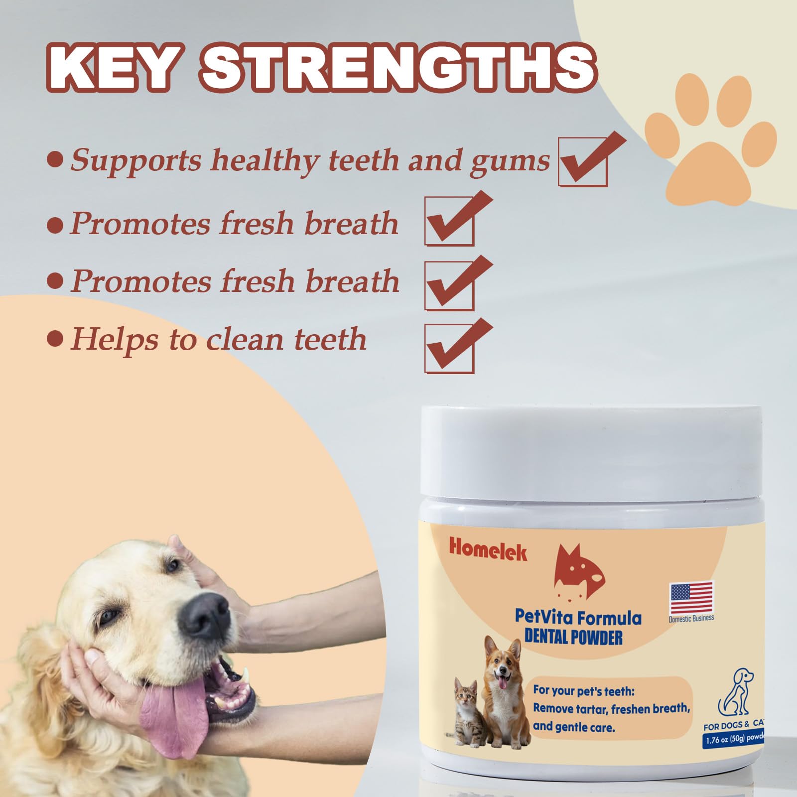 Pet Dental Powder - Breath Freshener, Teeth Cleaning, Solves Tartar & Bad Breath for Dog and Cat.