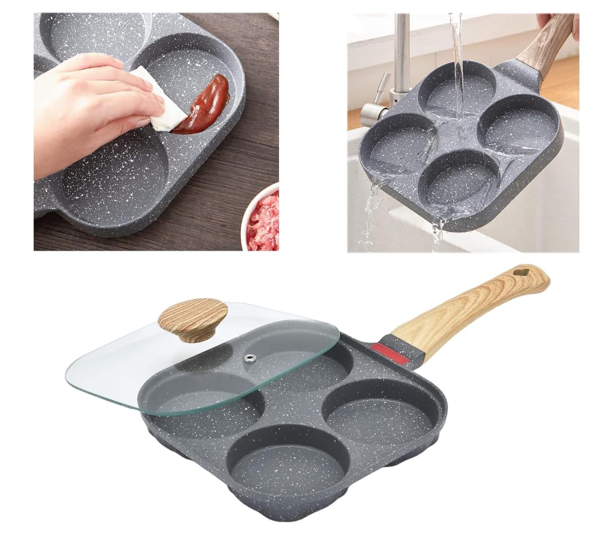 Juvenixs Egg Pan with flipping Lid - Nonstick Egg Frying Pan [4 Cup Cooker] - Egg Pans Nonstick for Induction & Gas Cooker - Brush & Scraper included - Egg Skillet for perfect Eggs, Omelet & Crepe