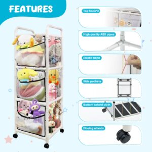 Lmaqfum Stuffed Animal Storage 63" Tall Corner Stuffed Animal Zoo ABS Holder Plushies Storage Organizer Shelf with Elastic Band Side Storage Pockets Bottom Wheels for Birthday Gift Nursery Playroom