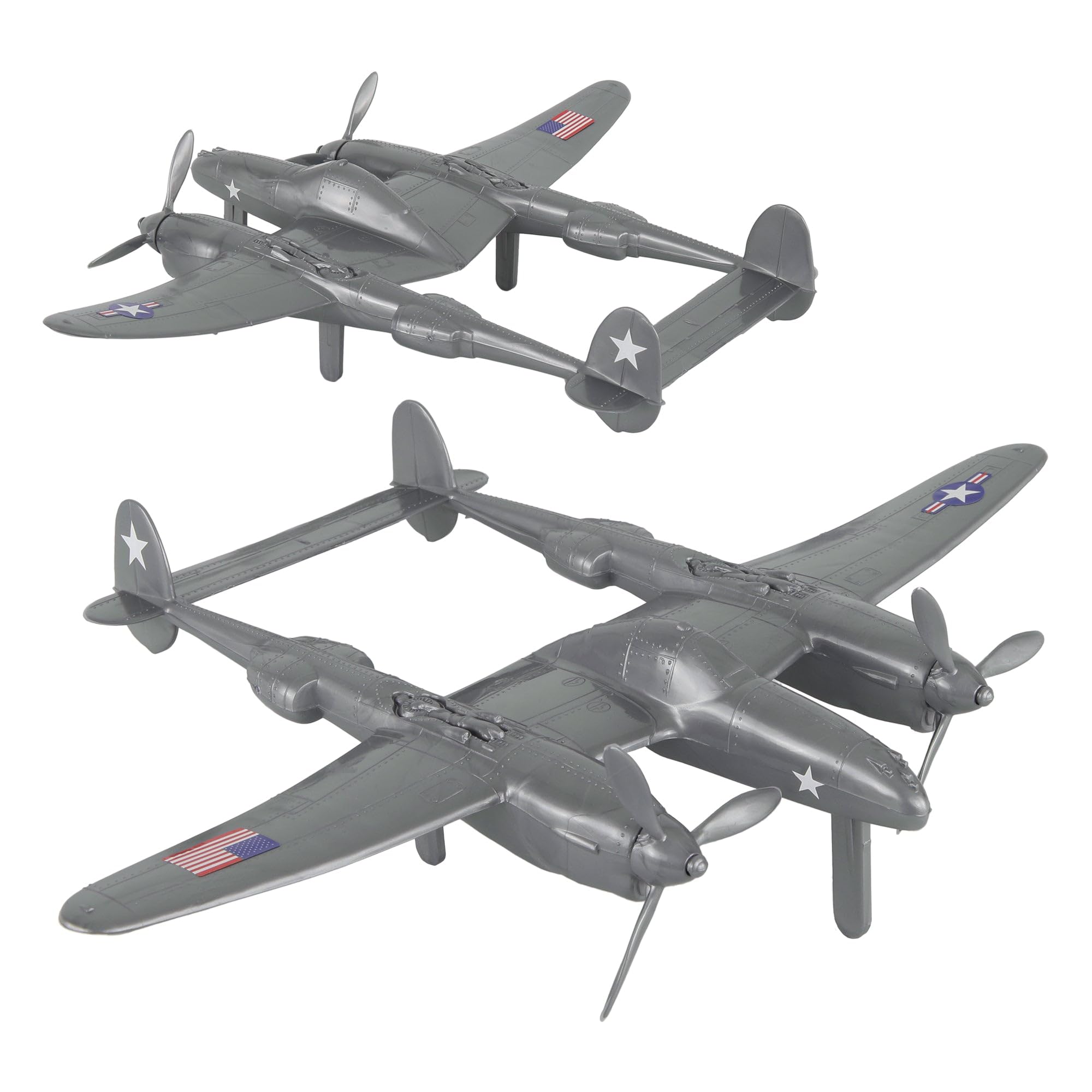 TimMee WW2 P-38 Lightning Fighter Plane - 2pc Silver Plastic Army Men Aircraft