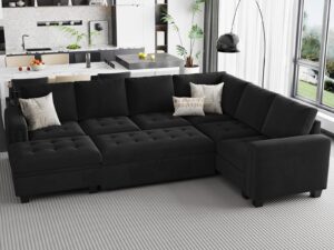 belffin modular sectional sleeper sofa with pull out bed u shaped sectional sofa couch with storage ottoman velvet covertible 7-seater sofa for living room black