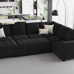 Belffin Modular Sectional Sleeper Sofa with Pull Out Bed U Shaped Sectional Sofa Couch with Storage Ottoman Velvet Covertible 7-Seater Sofa for Living Room Black