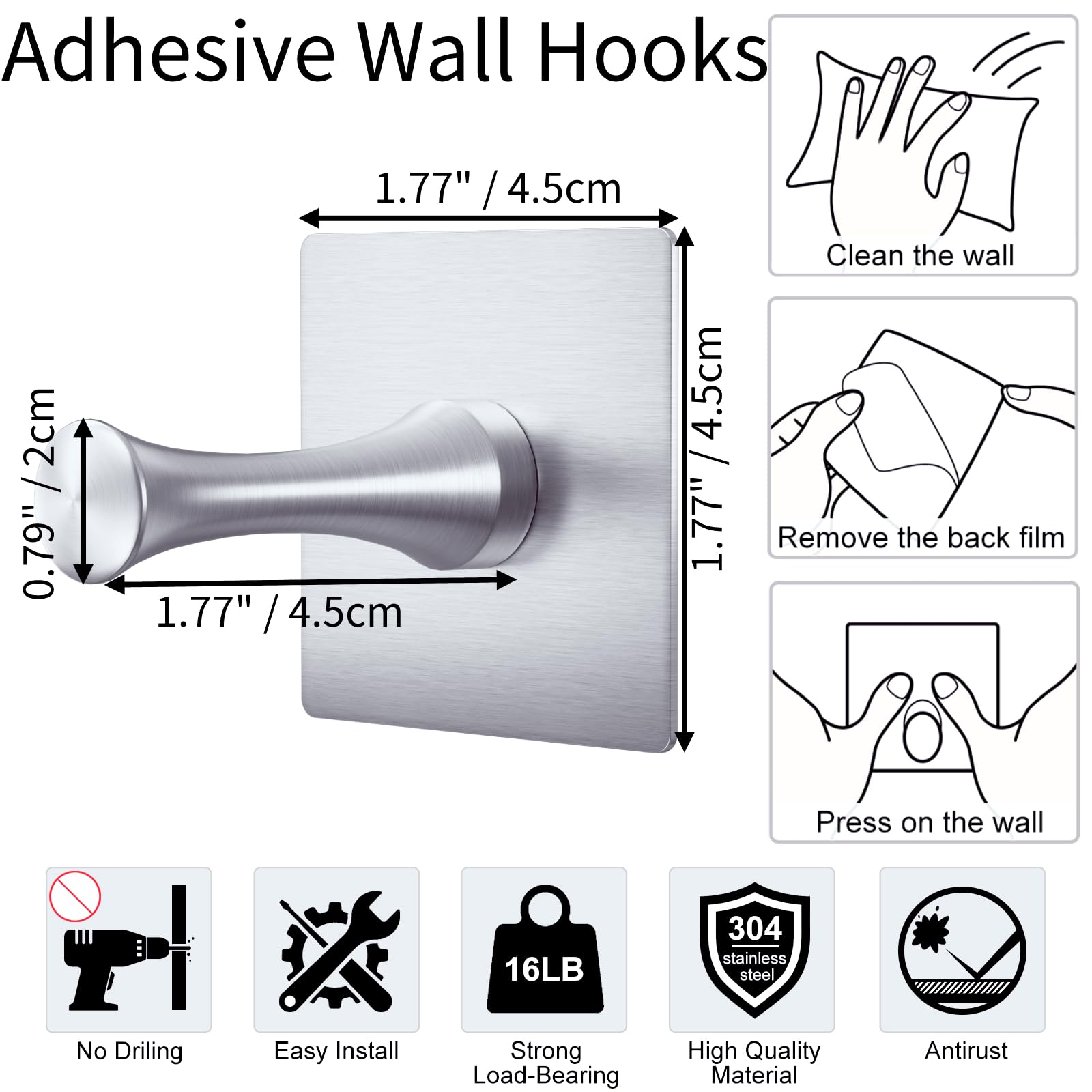 DGYB Self Adhesive Hooks for Hanging Set of 4 Adhesive Wall Hooks Heavy Duty Stainless Steel Brushed Nickel Adhesive Towel Hooks for Bathrooms Waterproof Stick on Shower Hooks for Inside Shower