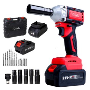 osinhe 21v cordless impact wrench, 406ft-lbs (550n.m) max torque, brushless 1/2 inch impact wrench, 1pcs 4.0ah battery, fast charger, 5pcs driver sockets, drill & screwdriver, tool box