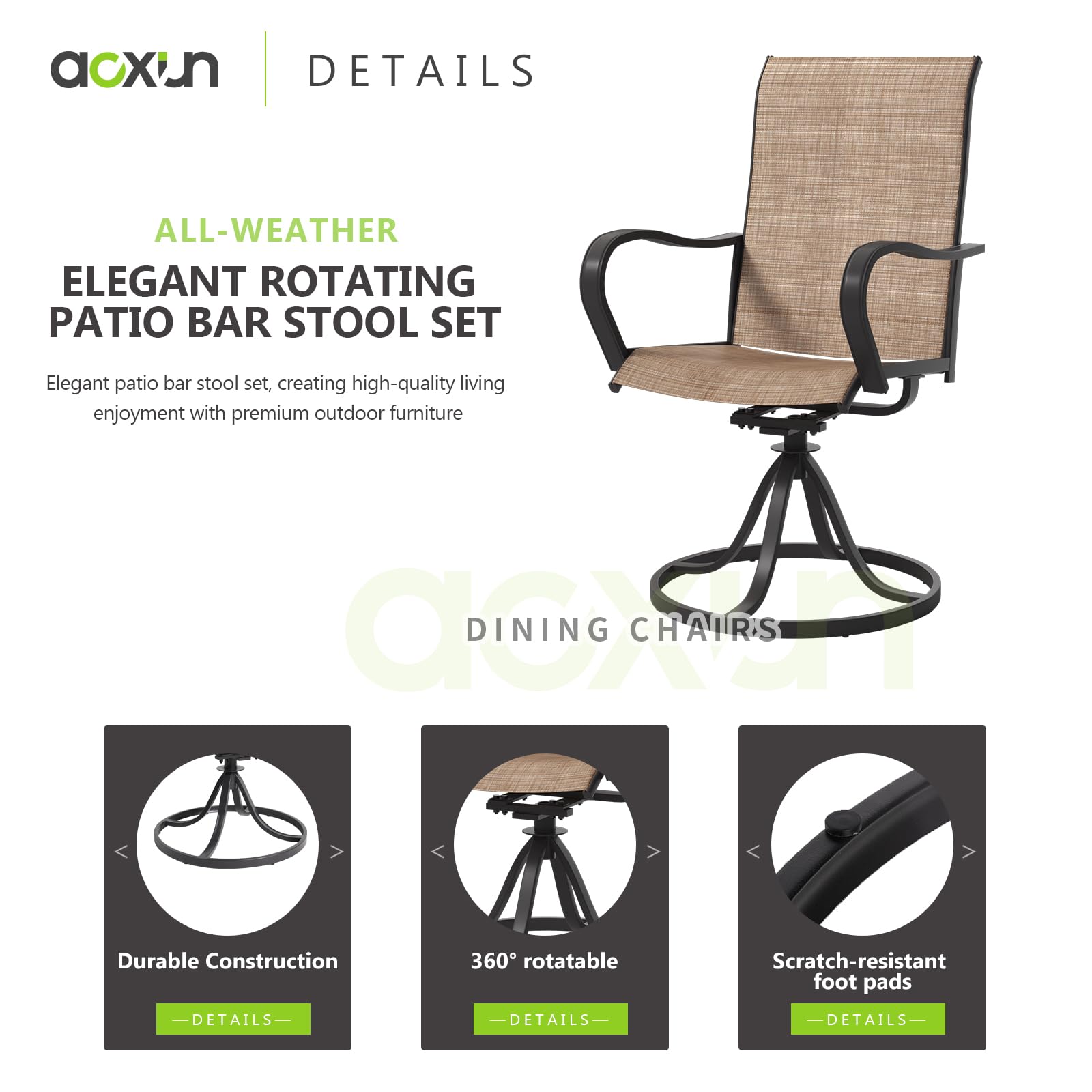 Aoxun Outdoor Swivel Chair, Textilene Swivel Patio Chairs Set of 2, Swivel Rocker Patio Chairs for Yard, Garden, Balcony (Brown)