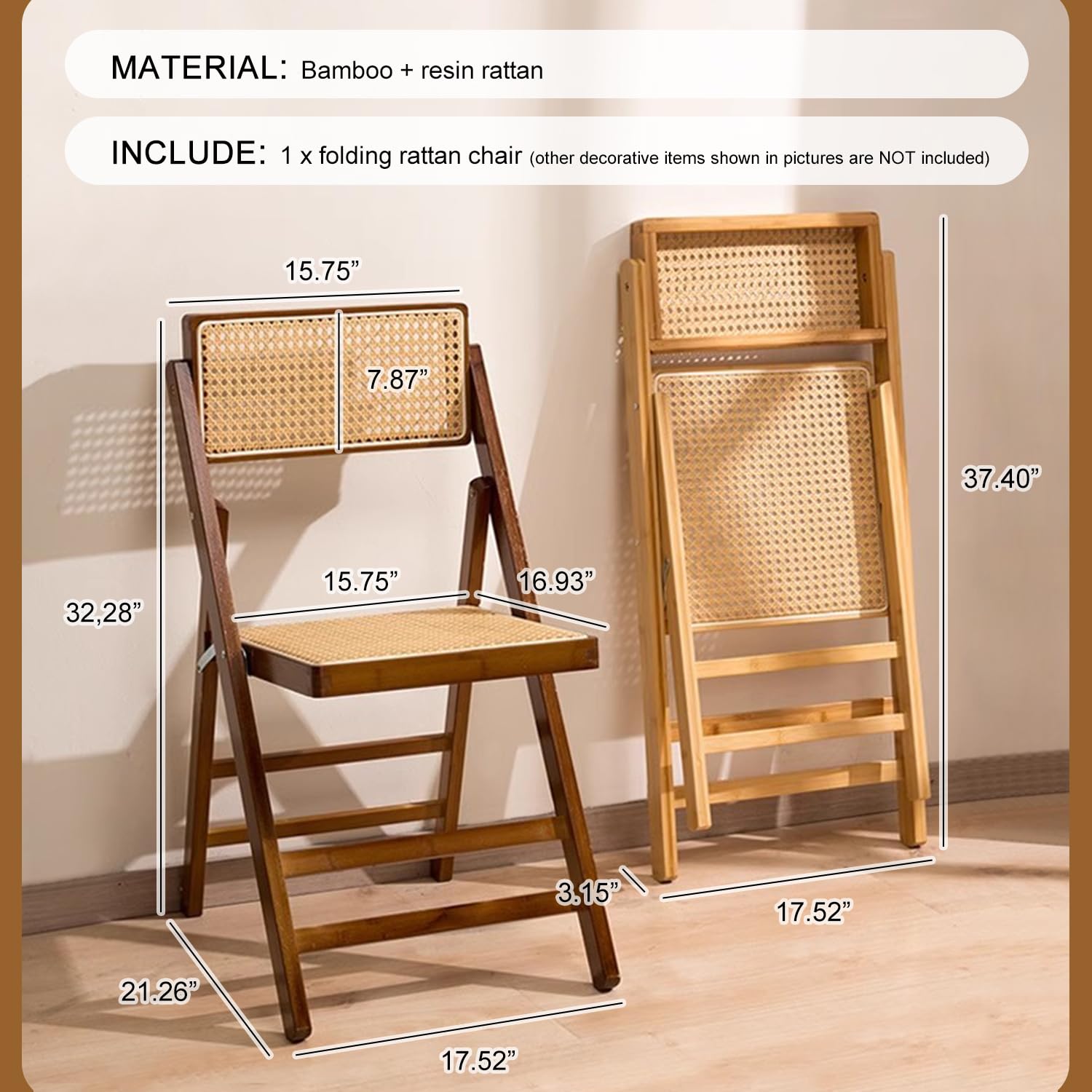 EHERDM Folding Rattan Chair with Backrest Foldable Solid Wood Rattan Chair Kitchen Dining Chair Patio Rattan Chair Garden Rattan Chair for Indoor and Outdoor Burlywood