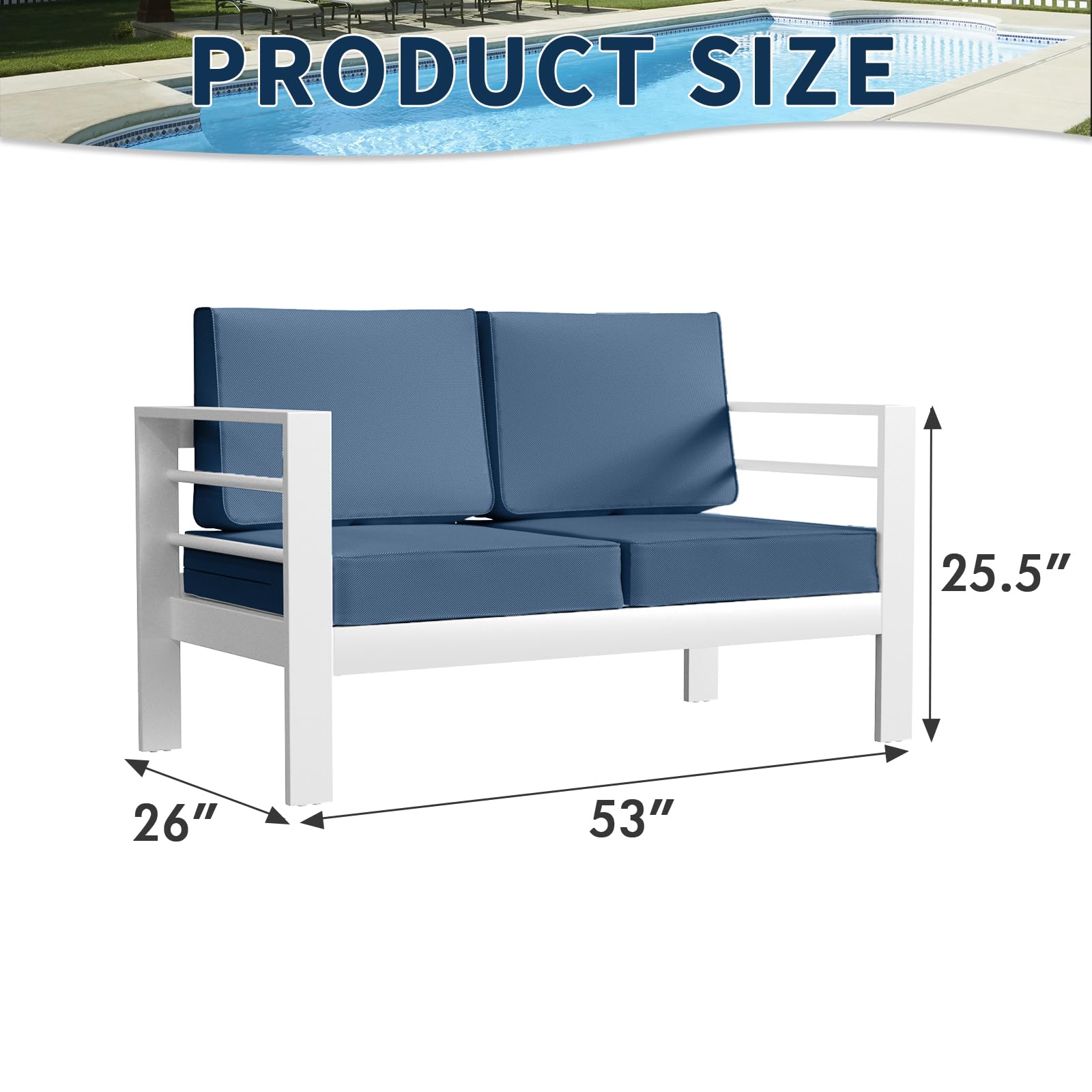 Amopatio Oversized Patio Furniture Aluminum Loveseat, All-Weather Outdoor 2 Seats Sofa Couch, Modern Metal Chair w/ 5 Inch Cushions, White&Blue (Include Waterproof Sofa Covers)