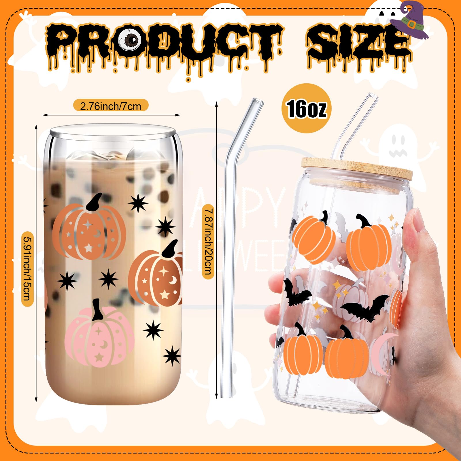 SiliFine 6 Pcs Halloween Drinking Party Glasses 16 oz Ghost Pumpkin Glass Cup with Bamboo Lid and Glass Straw Spooky Can Shaped Beer Glass Bat Mason Jar Glass Cups for Halloween Party Gift