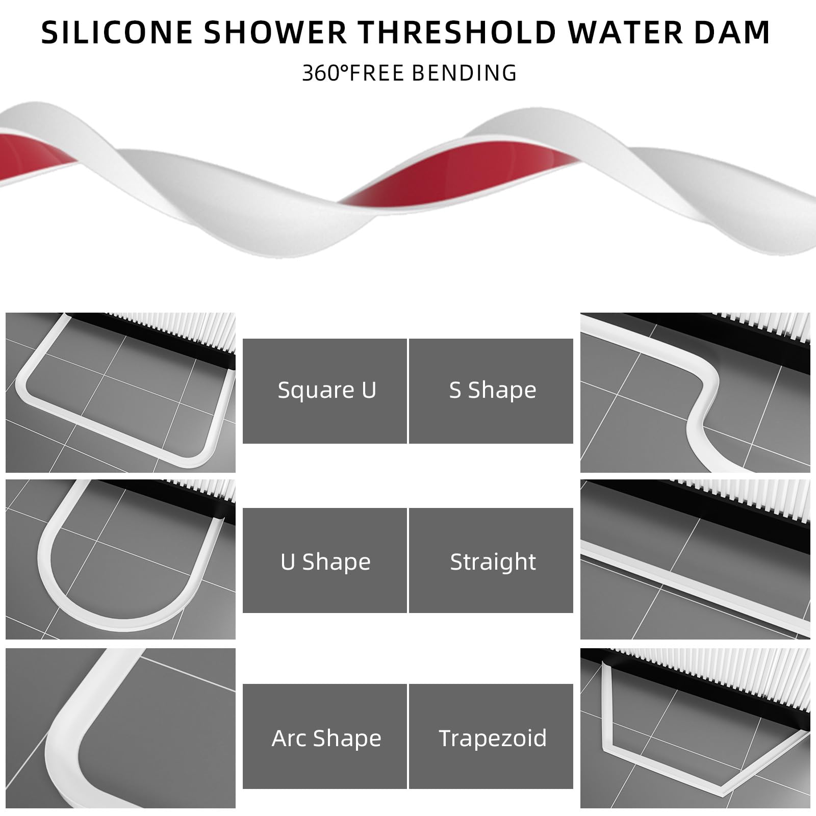 Shower Threshold Water Dam, Silicone Shower Water Guard, Self Adhesive Shower Water Blocker, Collapsible Shower Dam Water Stopper, for Bathroom Bathtub and Kitchen Countertop (White,59In)