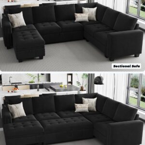 Belffin Modular Sectional Sleeper Sofa with Pull Out Bed U Shaped Sectional Sofa Couch with Storage Ottoman Velvet Covertible 7-Seater Sofa for Living Room Black