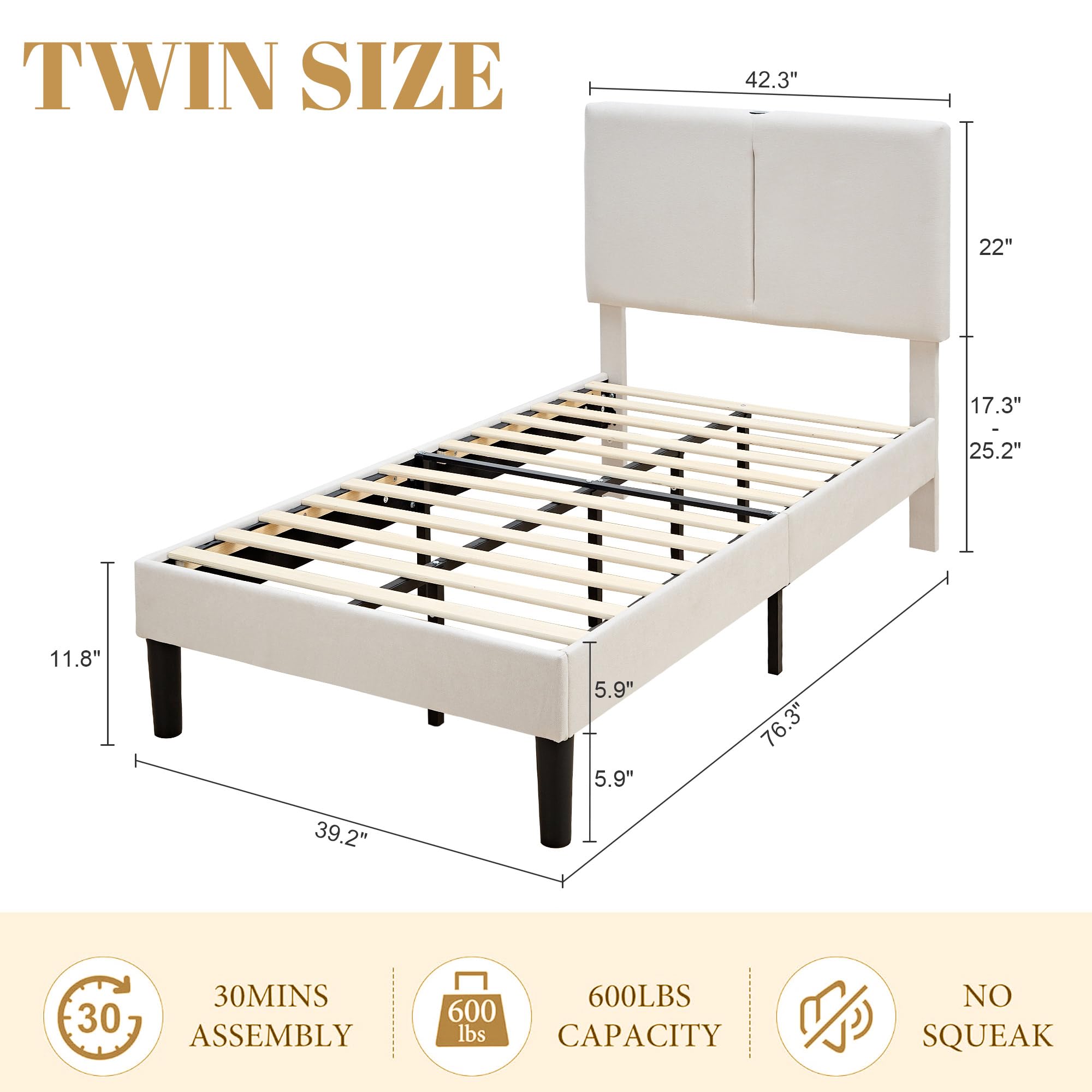 VECELO Twin Bed Frame with Type-C & USB Ports, Upholstered Platform Height-Adjustable Cotton and Linen Headboard, No Box Spring Needed, Noise-Free, Easy Assembly, Beige