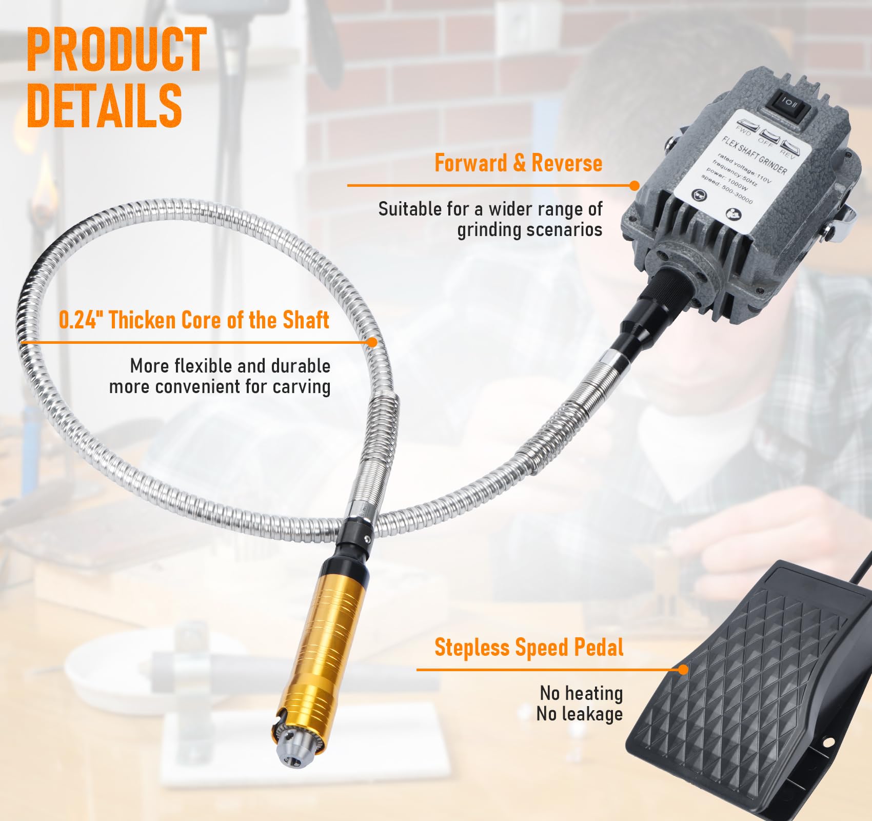 lesolar 1000W Flex Shaft Rotary Tool Kit, 30000RPM Electric Flex Shaft Hanging Grinder Carver Support Forward & Reverse Rotation, High Speed Hanging Grinding Machine with Variable Speed Foot Switch