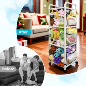 Lmaqfum Stuffed Animal Storage 63" Tall Corner Stuffed Animal Zoo ABS Holder Plushies Storage Organizer Shelf with Elastic Band Side Storage Pockets Bottom Wheels for Birthday Gift Nursery Playroom