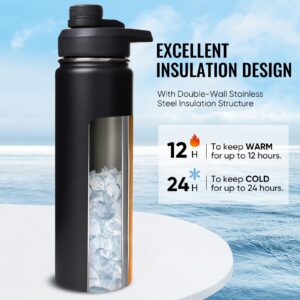 Fijinhom 24oz Insulated Water Bottle with Handle, Stainless Steel Water Bottles with Wide Mouth, Double Wall Vacuum Sports Water Bottle, BPA Free, Keep Cold and Hot, Black