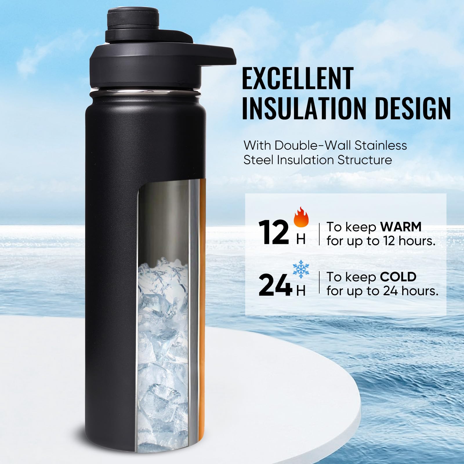 Fijinhom 24oz Insulated Water Bottle with Handle, Stainless Steel Water Bottles with Wide Mouth, Double Wall Vacuum Sports Water Bottle, BPA Free, Keep Cold and Hot, Black