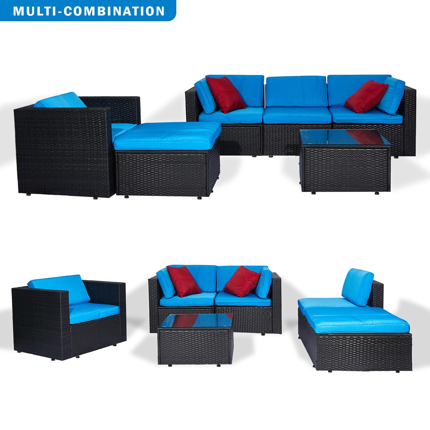 ECOLINEAR 6 Pieces Patio Furniture Set, Outdoor Sectional Wicker Patio Couch, All Weather Rattan Outdoor Furniture with Tea Table and Waterproof Cushions (Blue)