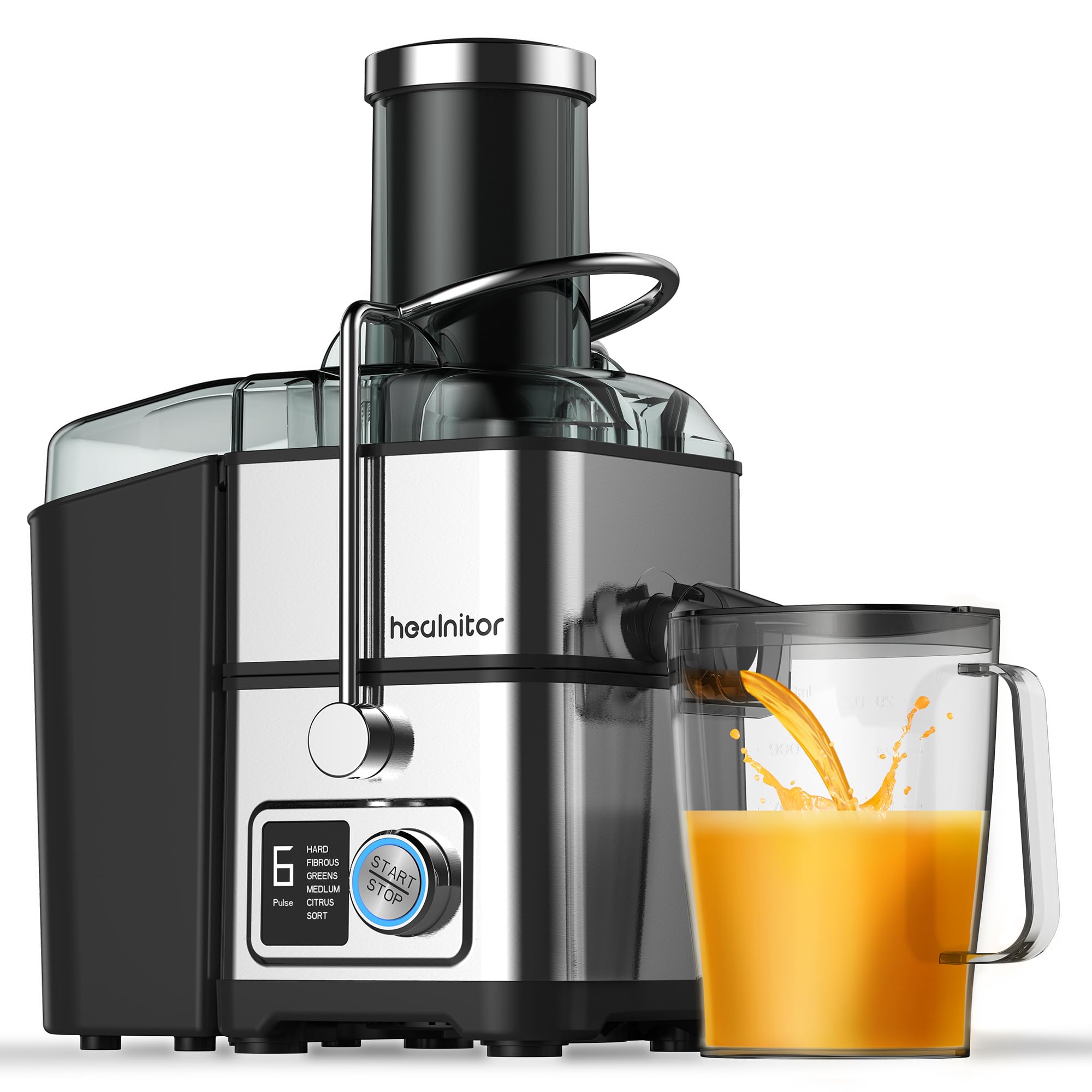 1100W 6-SPEED Digital Screen Centrifugal Juicer Machines Vegetable and Fruit, Healnitor Juice Extractor with 3.5" Big Wide Chute, Easy Clean, Anti-Drip Function, BPA-Free, Silver