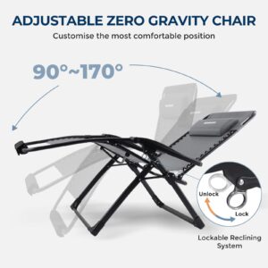 HOMSHADE Folding Zero Gravity Lounge Chair - 33In Outdoor Patio Reclining Chair with Cushion, Headrest, Cup Holder, Footrest, Weight Capacity 400LB, Grey