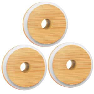 mason jar lids with straw hole, 2.76inch/70mm bamboo mason jar lids for regular mouth drinking jars, reusable wooden lids, bamboo lids perfect for glass cups and beer glasses (3 pack)