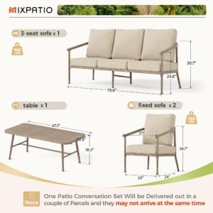 MIXPATIO Patio Furniture Set, 2 x Windsor Seating Chair, 3-Seat Sofa with Wood Grain Coffee Table, Outdoor Sofa Conversation Set for Porch, Backyard, Living Room, Garden