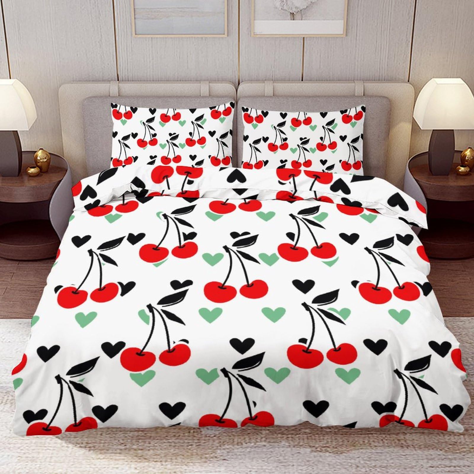 Delerain Comforter Set Queen Size, Red Cherry Print 3-Piece Bedding Set for Women Men Modern Soft Microfiber Bedroom Set Room Decor, 1 Duvet Cover + 2 Pillowcases