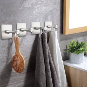 DGYB Self Adhesive Hooks for Hanging Set of 4 Adhesive Wall Hooks Heavy Duty Stainless Steel Brushed Nickel Adhesive Towel Hooks for Bathrooms Waterproof Stick on Shower Hooks for Inside Shower