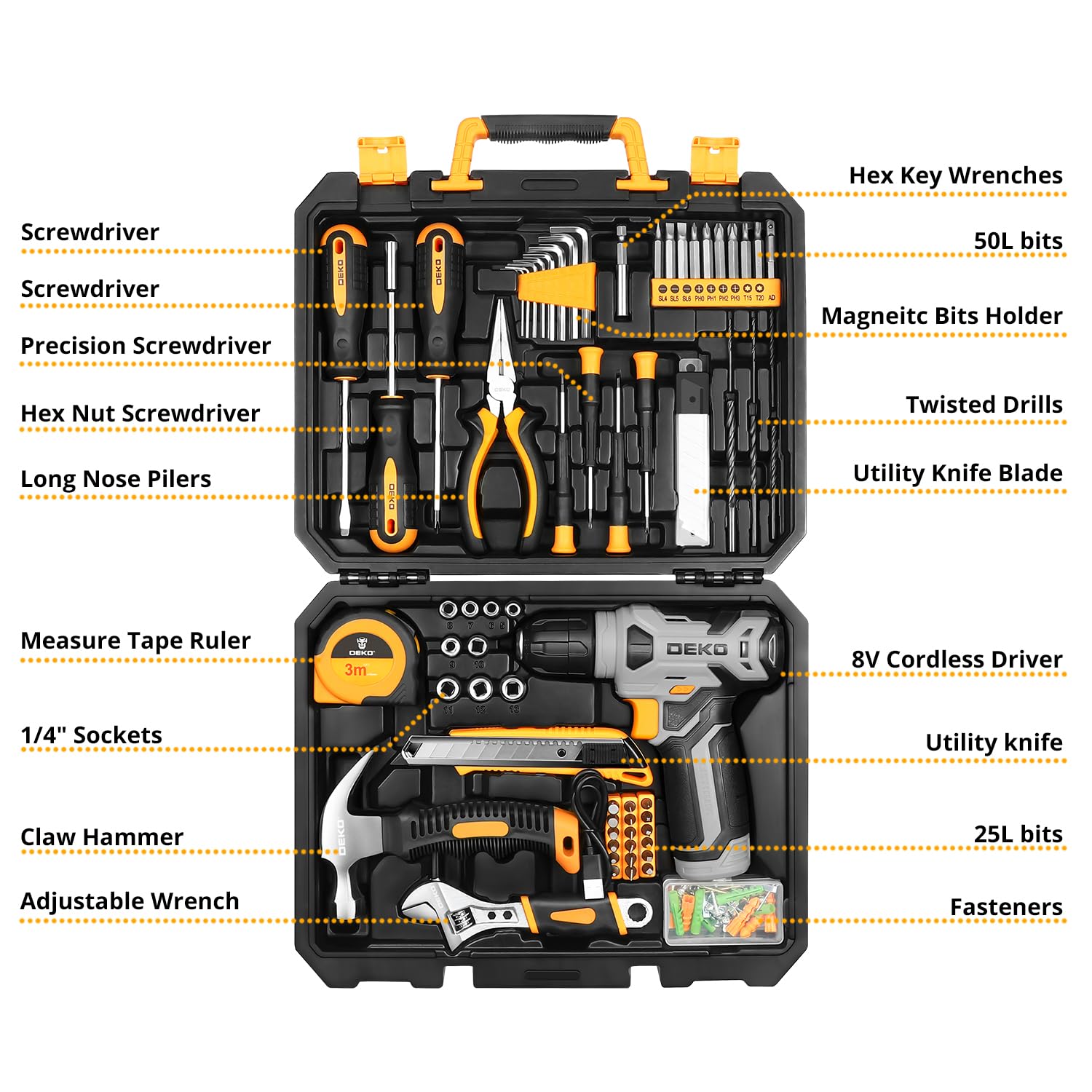 DEKOPRO 126 Piece Power Tool Combo Kits with 8V Cordless Drill, 10MM 3/8'' Keyless Chuck, Professional Household Home Tool Kit Set, DIY Hand Tool Kits for Garden Office House Repair