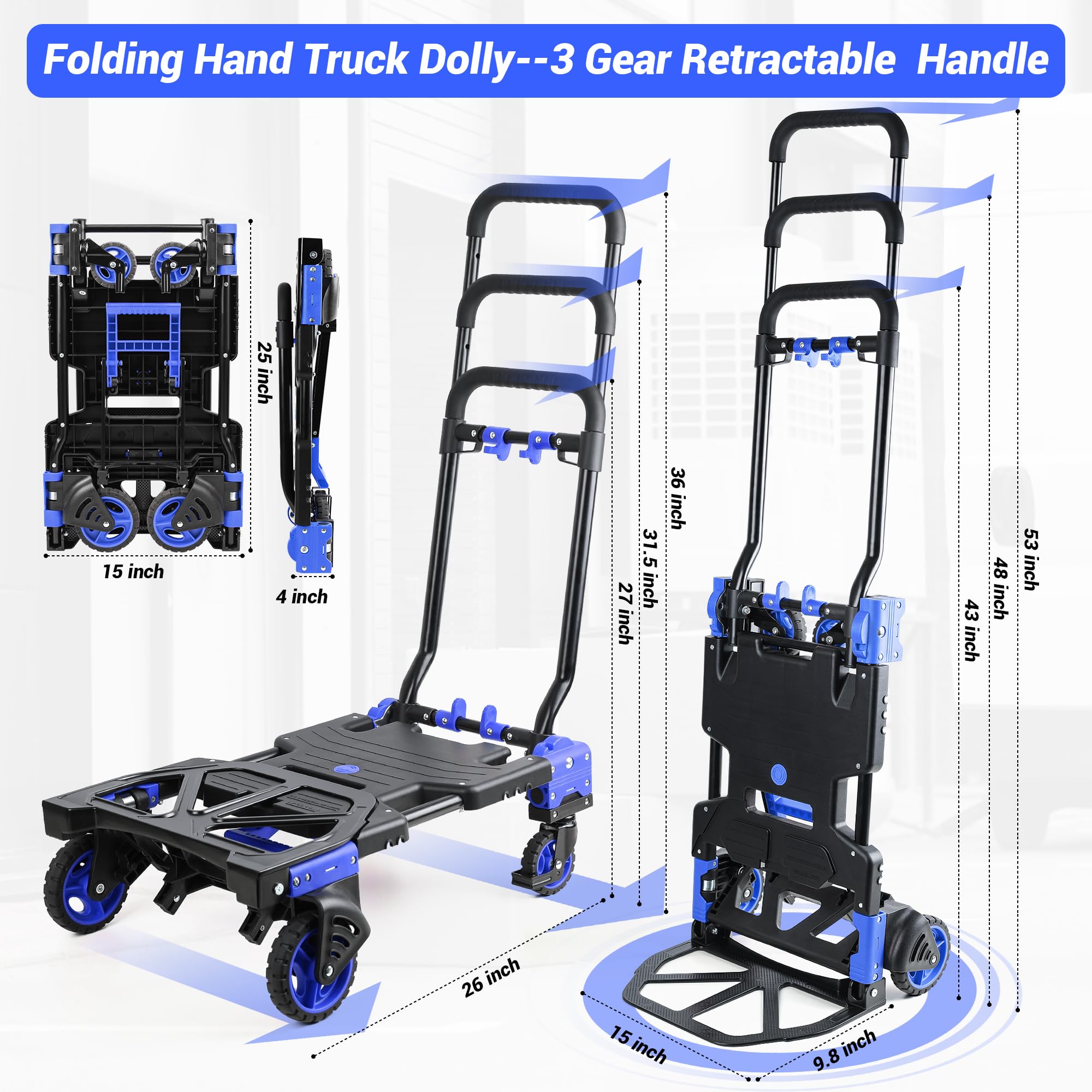 VEHIDEA Folding Hand Truck with Wheels, 330LB Heavy Duty Collapsible Hand Truck Folding Dolly Cart with 4 Wheels Retractable Handle, Convertible Folding Hand Cart for Moving, Travel, Shopping, Blue