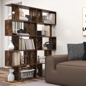 SILKYDRY 5-Tier Geometric Bookshelf, Freestanding Room Divider Bookcase, S-Shaped Decorative Storage Shelving, 62.5" Tall Display Book Shelf for Bedroom, Living Room (2, Rustic Brown)