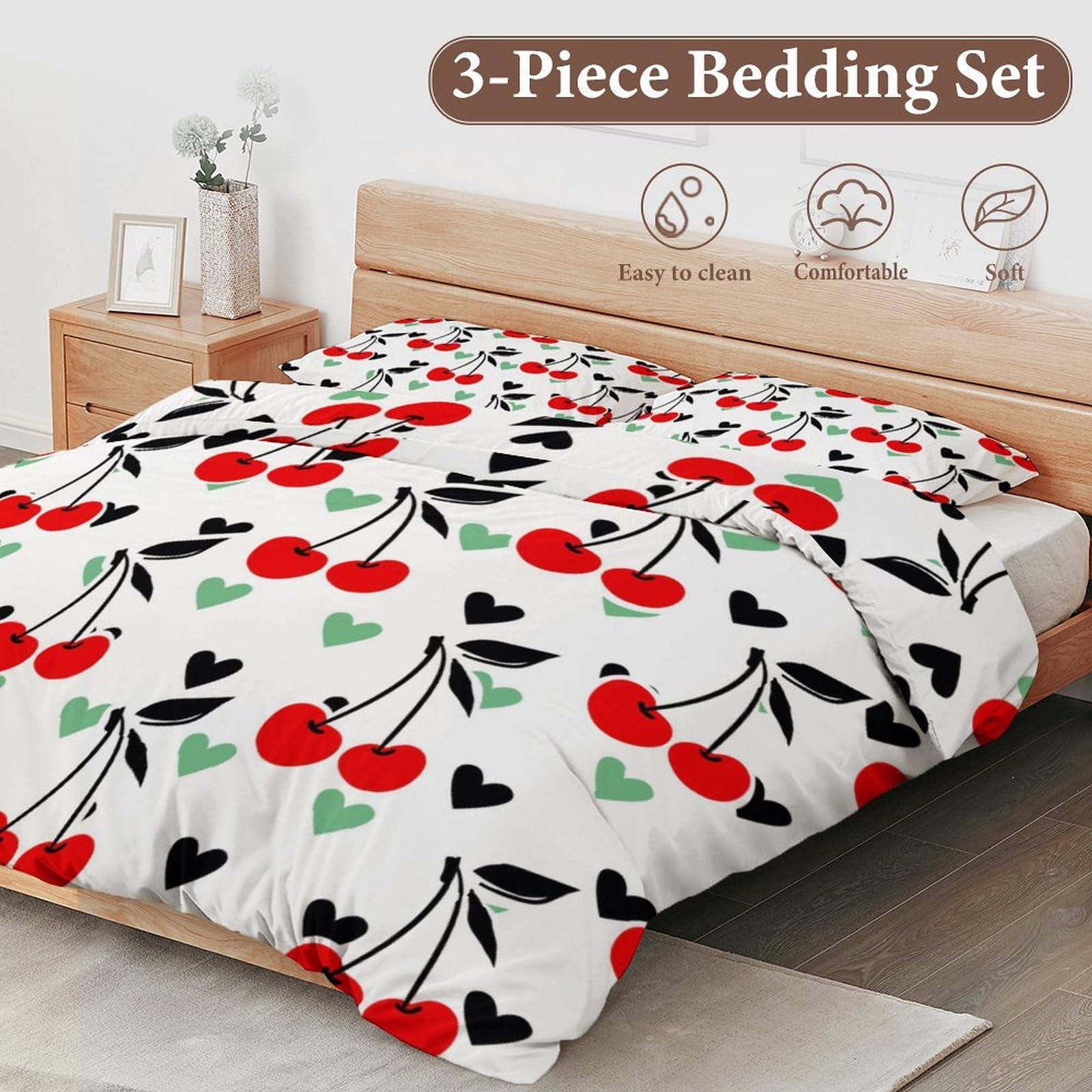 Delerain Comforter Set Queen Size, Red Cherry Print 3-Piece Bedding Set for Women Men Modern Soft Microfiber Bedroom Set Room Decor, 1 Duvet Cover + 2 Pillowcases