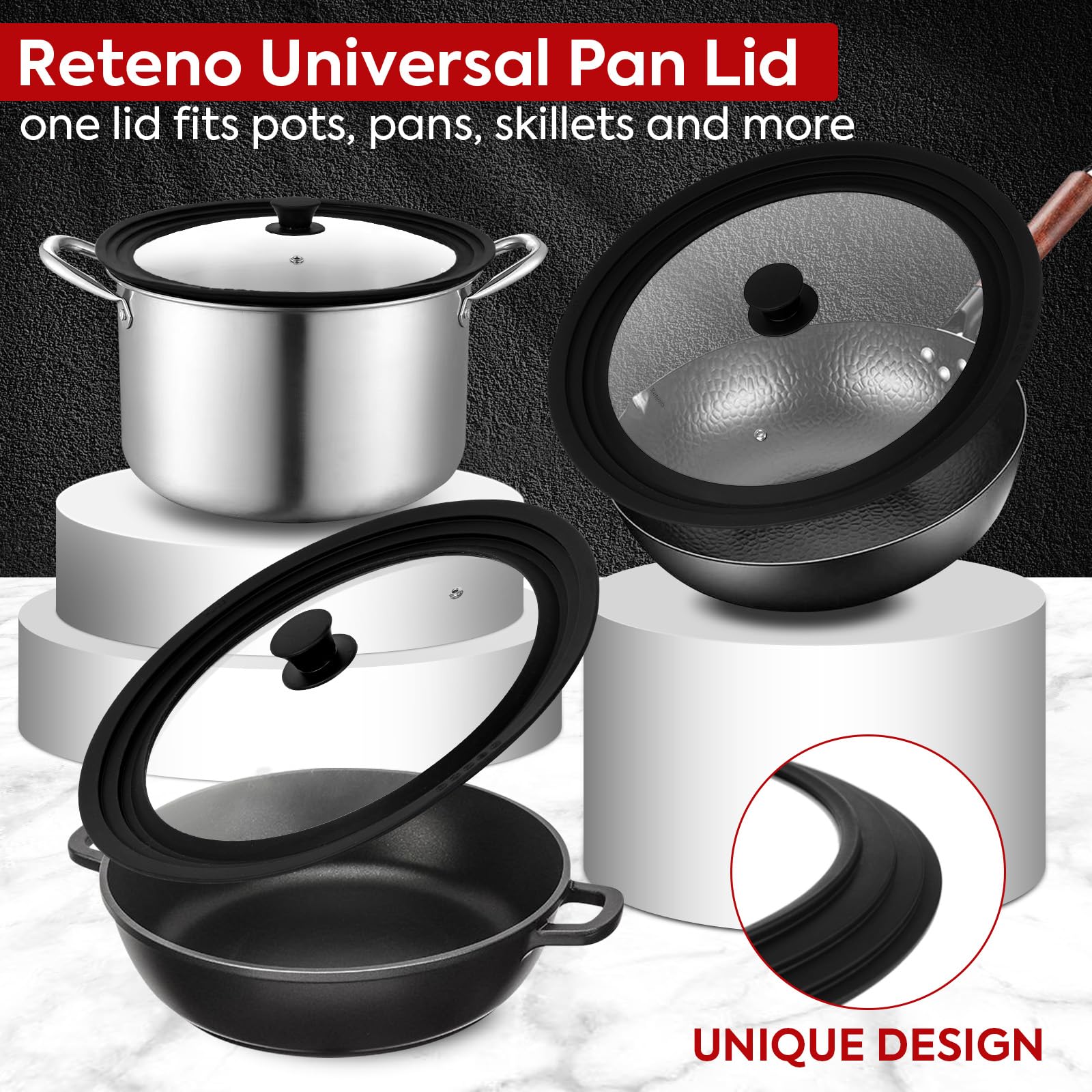 13-14-15in Universal Lid for Pots,Pans,Skillets,Large Replacement Frying Pan Cover,Big Cookware Lids,Tempered Glass with Heat Resistant Silicone Rim,Knob, BPA Free,Dishwasher Safe