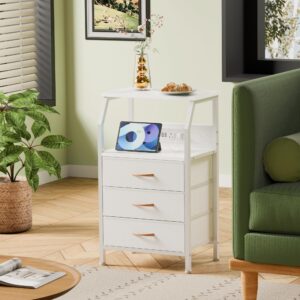 Furnulem Night Stand with Charging Station, 28.3 Inch Tall Bedside Table with PVC & Fabric Drawers, Side Table with USB Ports & Outlets, 3 Drawer Storage Nightstand for Bedroom, 3 Ways to Use, White