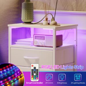 HOOBRO Nightstand with Charging Station and LED Light, End Table with 4 Fabric Drawers, Bedside Table with Outlet and USB Ports, Tall Night Stand for Bedroom, White WT404UDBZ01