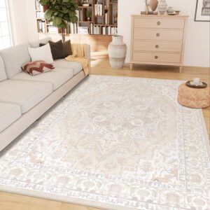 CAPALOCA Area Rug 8x10 Boho Area Rugs Print Machine Washable Rug Vintage Distressed Stain Resistant Soft Carpet Rugs Non Slip Low Pile Water Repellent for Living Room Bedroom Cream/Beige