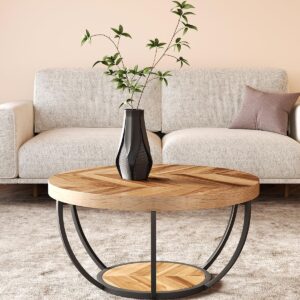 LITTLE TREE Round Coffee Table, 32" Circle Coffee Table for Living Room, 2-Tier Wood Accent Center Table with Open Storage Industrial Design Home Furniture (Wood Grain and Black)