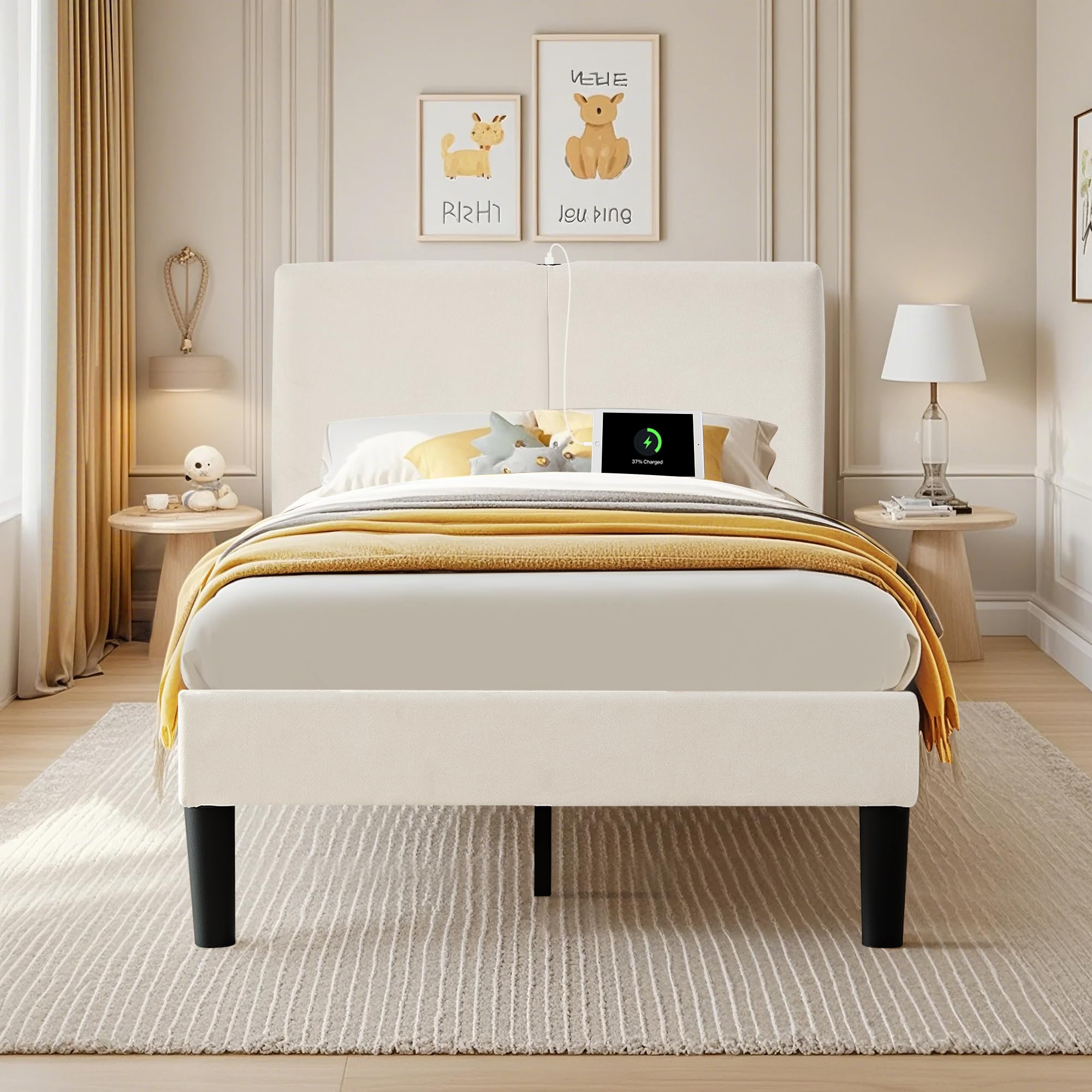 VECELO Twin Bed Frame with Type-C & USB Ports, Upholstered Platform Height-Adjustable Cotton and Linen Headboard, No Box Spring Needed, Noise-Free, Easy Assembly, Beige