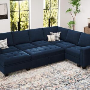 Belffin Modular Sectional Sleeper Sofa with Pull Out Bed U Shaped Sectional Sofa Couch with Storage Ottoman Velvet Covertible 7-Seater Sofa for Living Room Blue