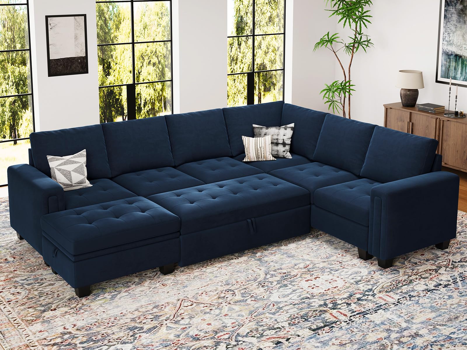 Belffin Modular Sectional Sleeper Sofa with Pull Out Bed U Shaped Sectional Sofa Couch with Storage Ottoman Velvet Covertible 7-Seater Sofa for Living Room Blue