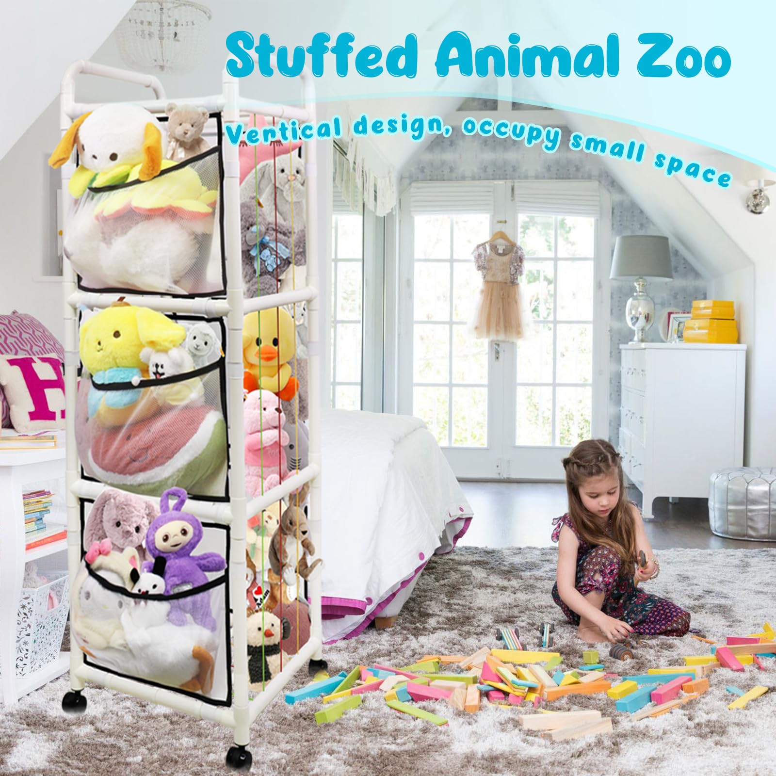 Lmaqfum Stuffed Animal Storage 63" Tall Corner Stuffed Animal Zoo ABS Holder Plushies Storage Organizer Shelf with Elastic Band Side Storage Pockets Bottom Wheels for Birthday Gift Nursery Playroom