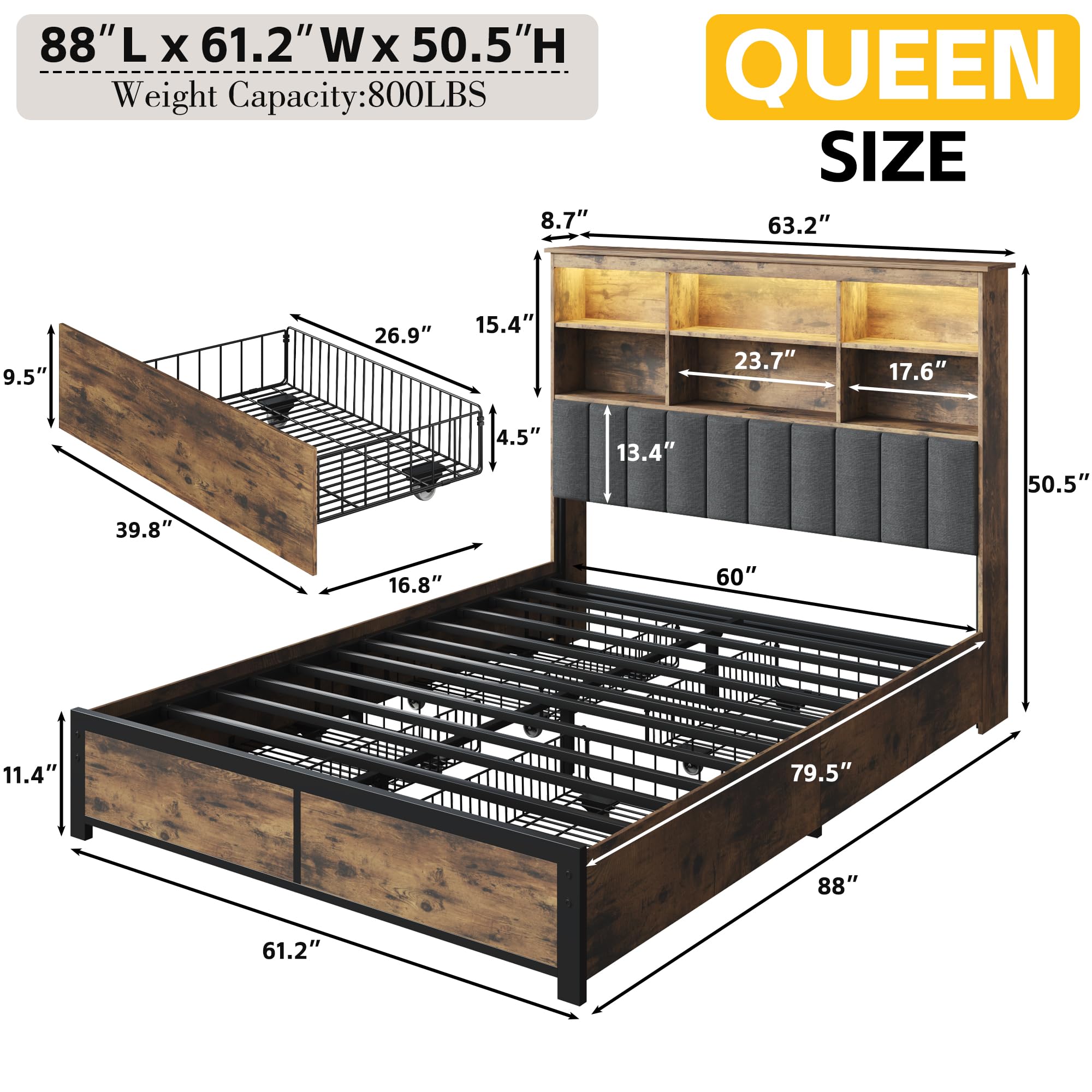 Lifezone Queen Bed Frame with Headboard, Queen Bed Frame with High Storage Bookcase Headboard,4 Storage Drawers & Charging Station & LED,No Box Spring Needed/Noise Free/All-Metal Support,Vintage Brown