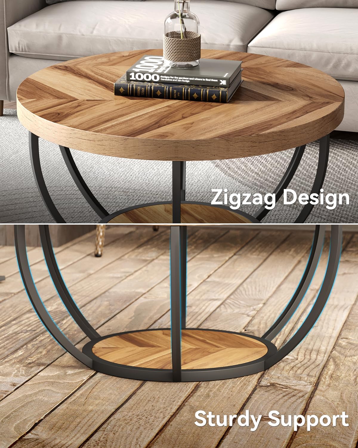 LITTLE TREE Round Coffee Table, 32" Circle Coffee Table for Living Room, 2-Tier Wood Accent Center Table with Open Storage Industrial Design Home Furniture (Wood Grain and Black)