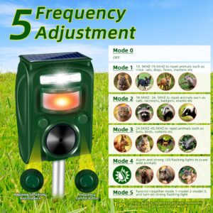 Ultrasonic Animal Repellent Deer Repellent Cat Repellent Outdoor with 5 Frequency Mode & Motion Sensor & Strobe Light Solar Animal Repeller Deterrent Raccoon Repellent Repel Dog Skunk Rabbit Away Yard