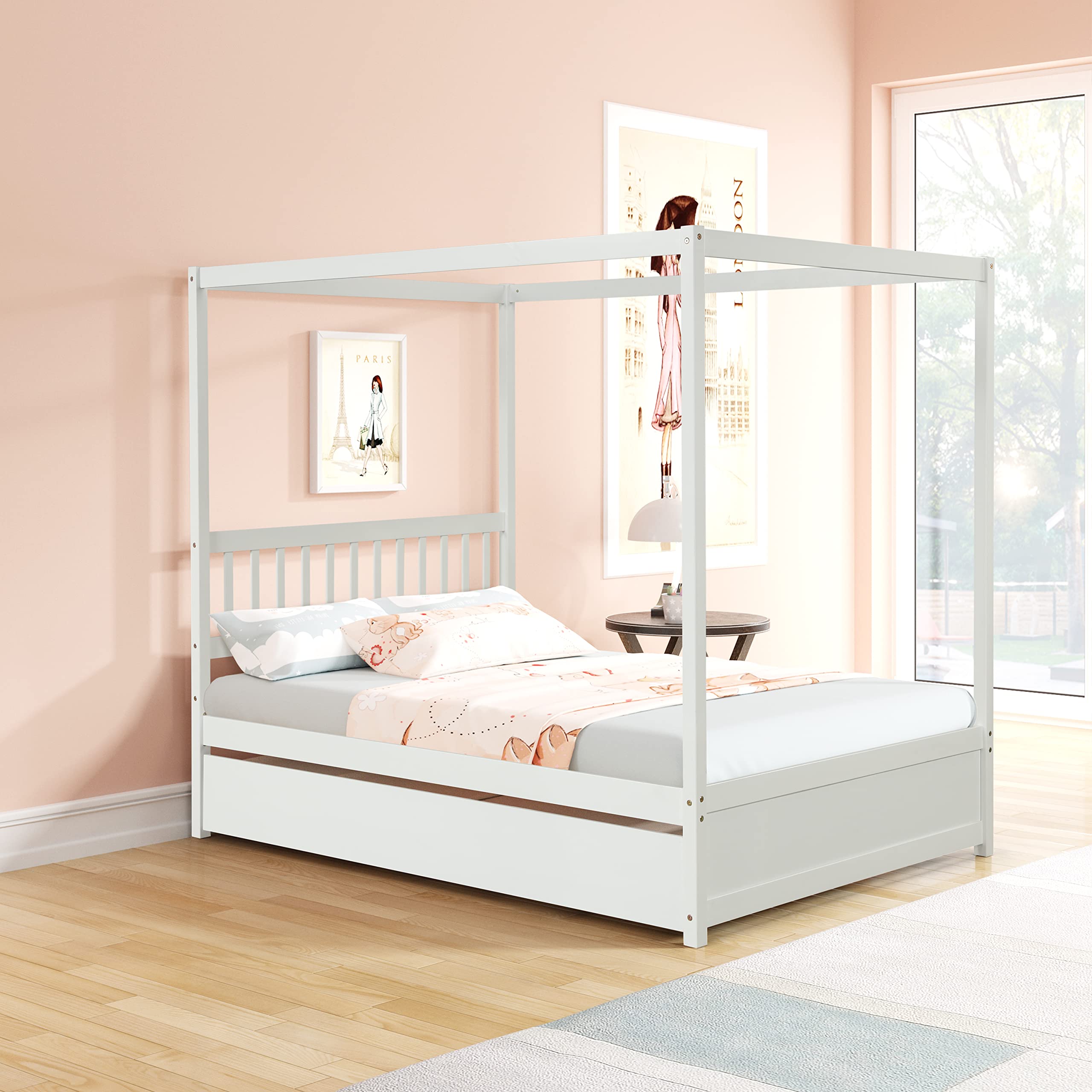 Bellemave Full Size Canopy Bed with Twin Trundle, Platform Bed with Headboard for Bedroom Guestroom Small Room, Solid Wood Bed Frame with Support Slats, Easy Assembly, No Box Spring Needed (White)