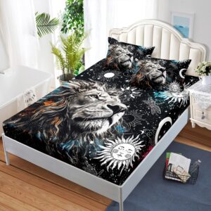 AILONEN Lion Print Twin Size Fitted Sheet Set for Boys, Sun and Moon Bed Sheet Cover Set Twin,3 Pieces Black and White Sheet Set Twin Galaxy Lion Fitted Sheet with 2 Pillowcases