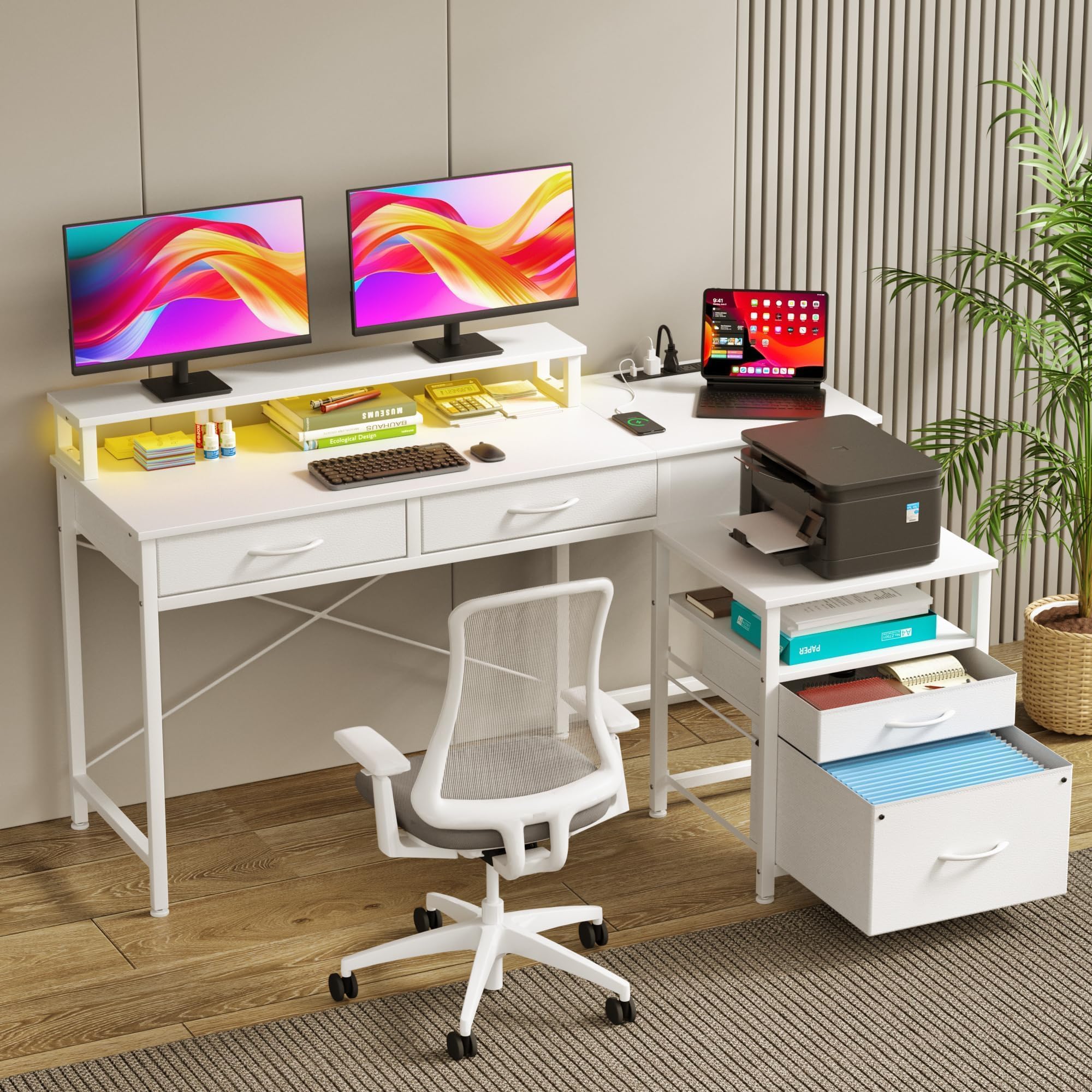 GYIIYUO 55 Inch Computer Desk with 4 Drawers & Printer Stand, L Shaped Office Desk with File Cabinet, Power Outlets, LED Lights & Monitor Stand, Writing Desk with Storage Shelf for Home Office, White