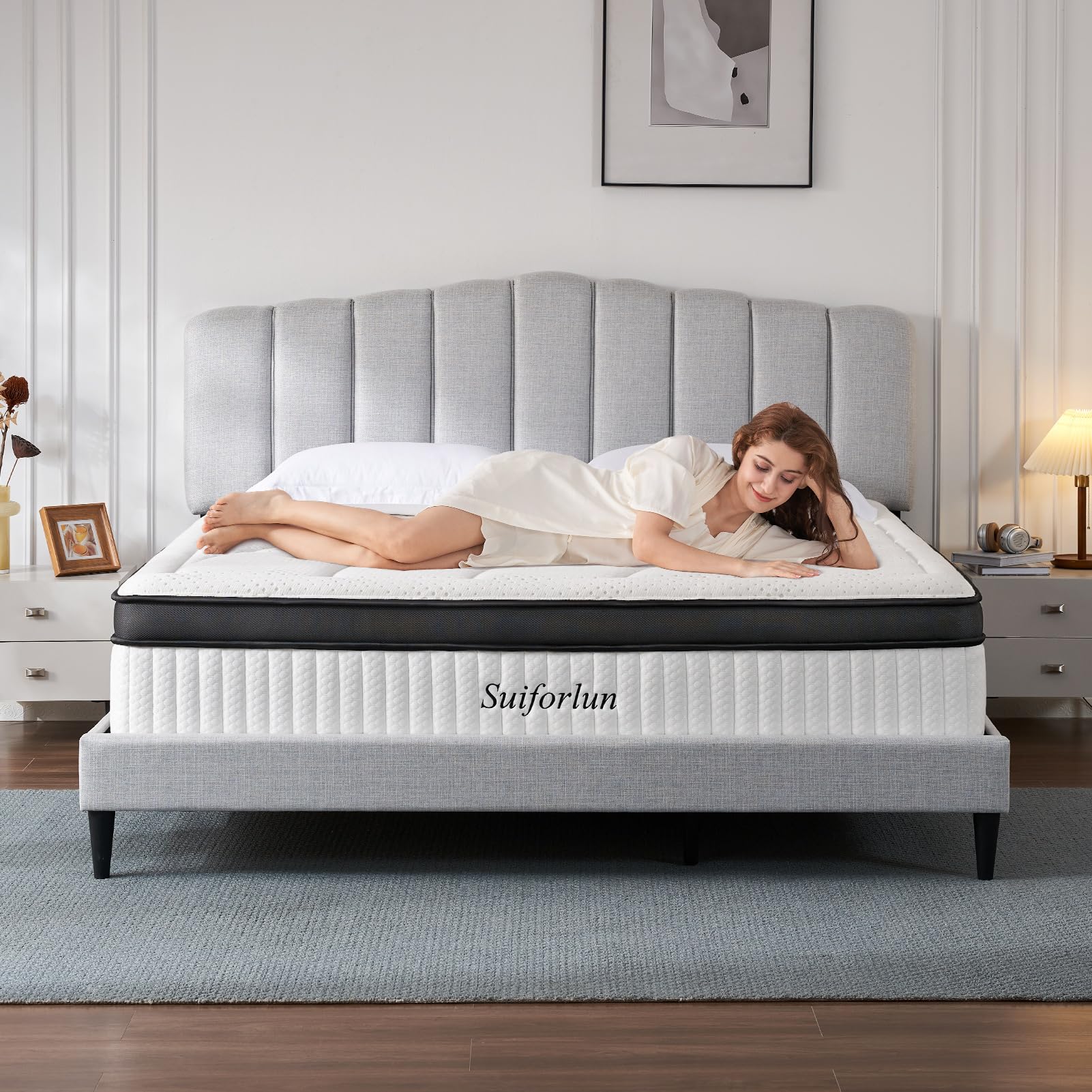 Suiforlun Queen Mattress, 14 Inch Hybrid Mattress Queen, Cool Gel Memory Foam and Heavier Coil Pocket Spring Mattress in a Box for Lumbar Support & Back Pain Relief, Medium-Plush, 120 Nights Trial