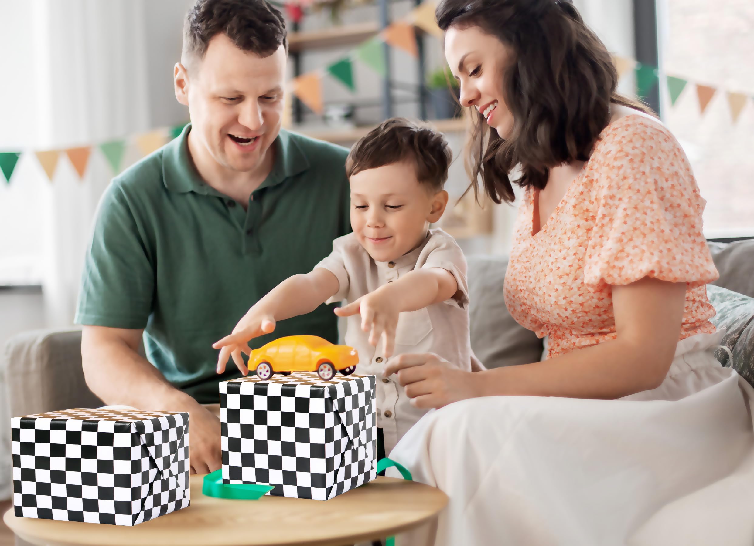 Titiweet Checkered Flag Wrapping Paper - Race Car Wrapping Paper for Boys Girls, 4 Large Sheets Cars Wrapping Paper for Birthday Christmas Holiday, 39.4 x 27.6 Inches Per Sheet (Race Car)