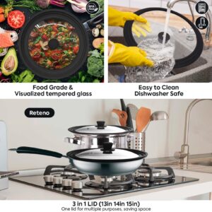 13-14-15in Universal Lid for Pots,Pans,Skillets,Large Replacement Frying Pan Cover,Big Cookware Lids,Tempered Glass with Heat Resistant Silicone Rim,Knob, BPA Free,Dishwasher Safe